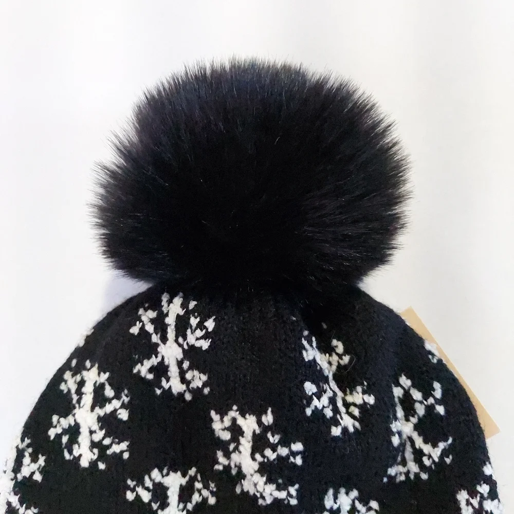 Beanie Hat Black Womens Knit Hat Winter New Beanie Warm Lined Faux Fur Pompom